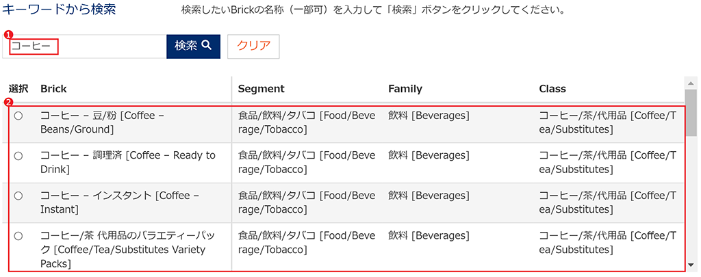 図：例）「コーヒー」と入力して検索した場合