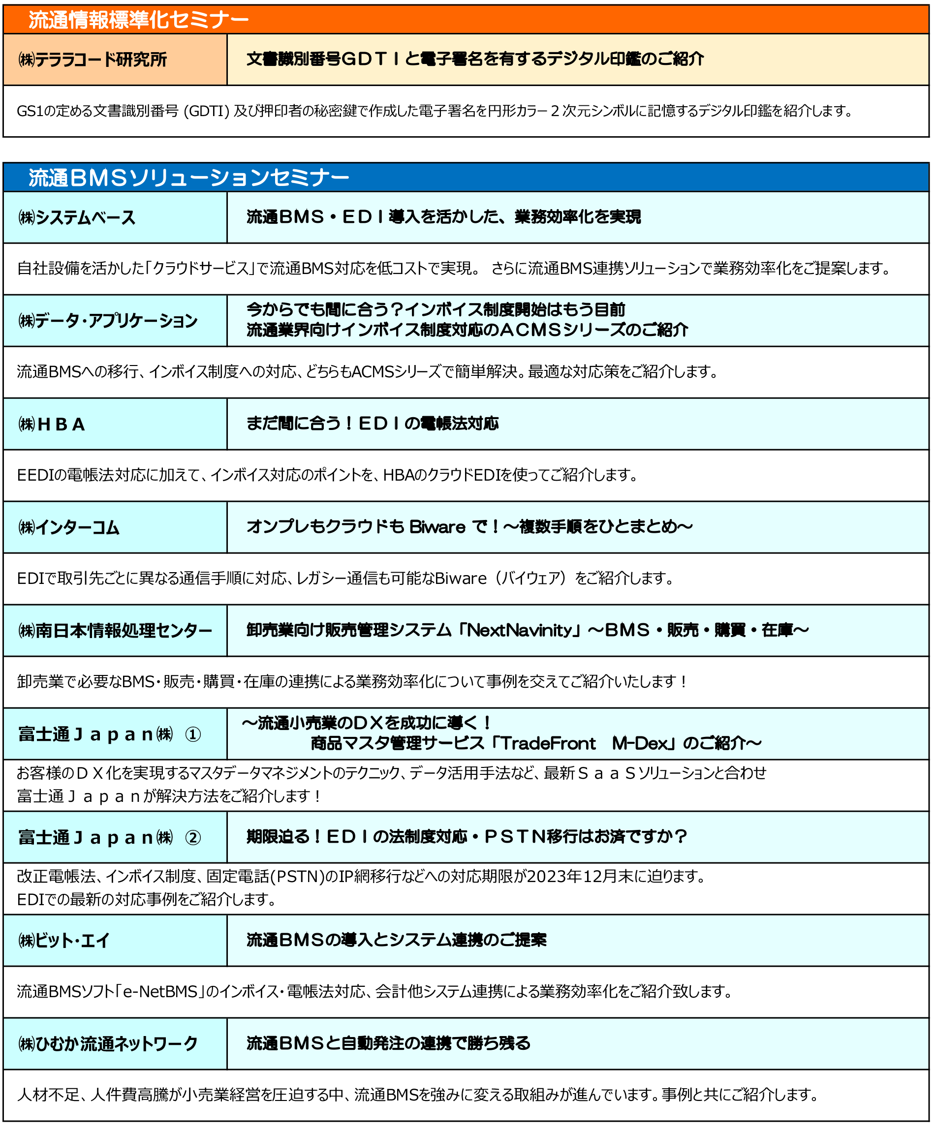 各社セミナータイトル＆概要（予定）